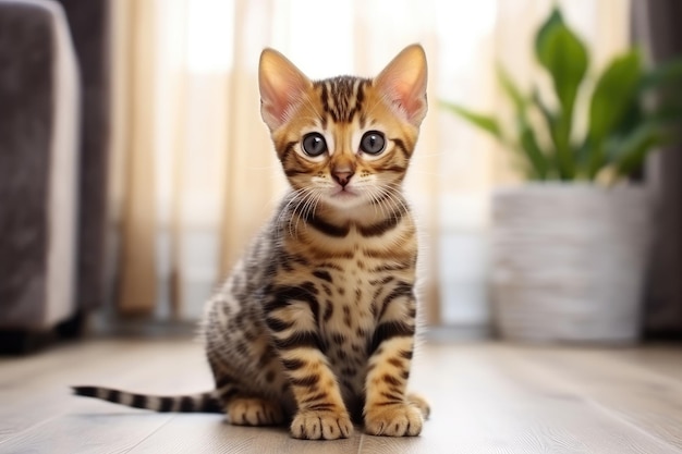 Photo cute bengal kitty cat sitting on the floor and looking at camera a cute little bengal kitten sitting on the floor at home ai generated