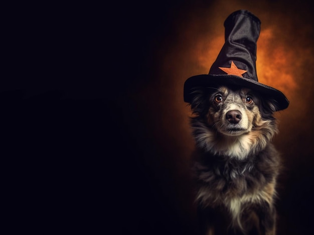 Cute big dog wearing a black witch hat for Halloween on a black background with space for text Generative AI content