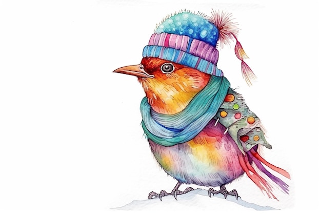 カラフルなスカーフと冬の帽子をかぶったかわいい鳥 AI 生成