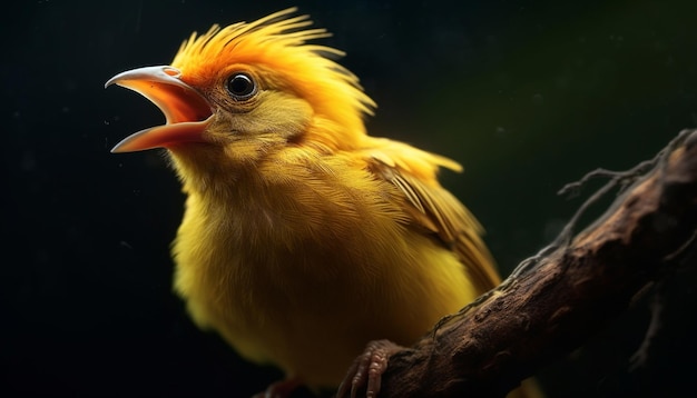 Милая птица, сидящая на ветви и поющая в тропической зеленой природе, созданной искусственным интеллектом