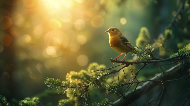 Photo cute bird on tall tree branch warm soft lighting amazing sun high detail