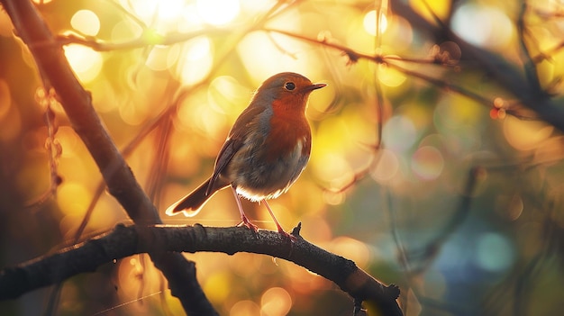 Cute Bird on Tall Tree Branch Warm Soft Lighting Amazing Sun High Detail