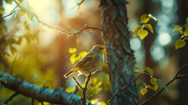 Cute Bird on Tall Tree Branch Warm Soft Lighting Amazing Sun High Detail