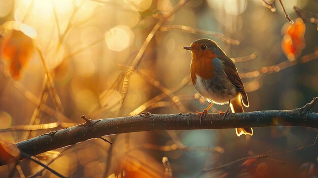 Cute Bird on Tall Tree Branch Warm Soft Lighting Amazing Sun High Detail