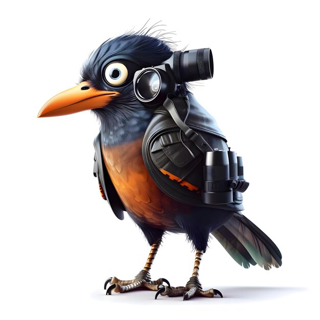 Cute bird with a camera on a white background Bird photographer