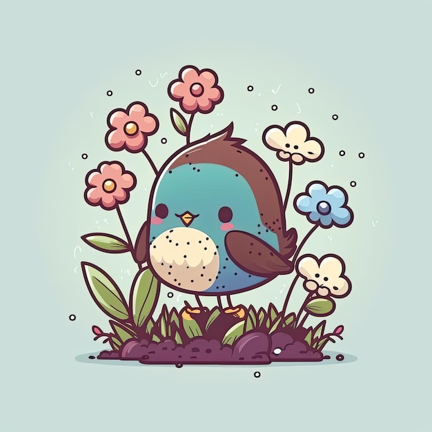 Cute bird with flowers on light colorful background Lovely childish design Generative AI