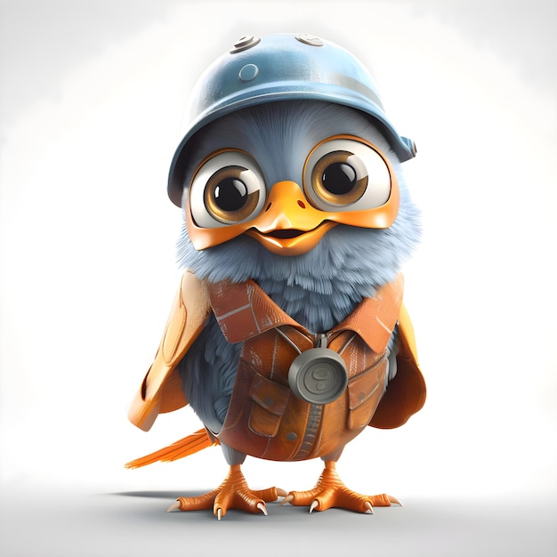 Cute bird with a helmet on his head 3d render