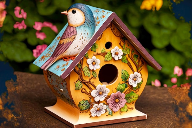 Cute birdhouse made of wood with decoration in form of bird