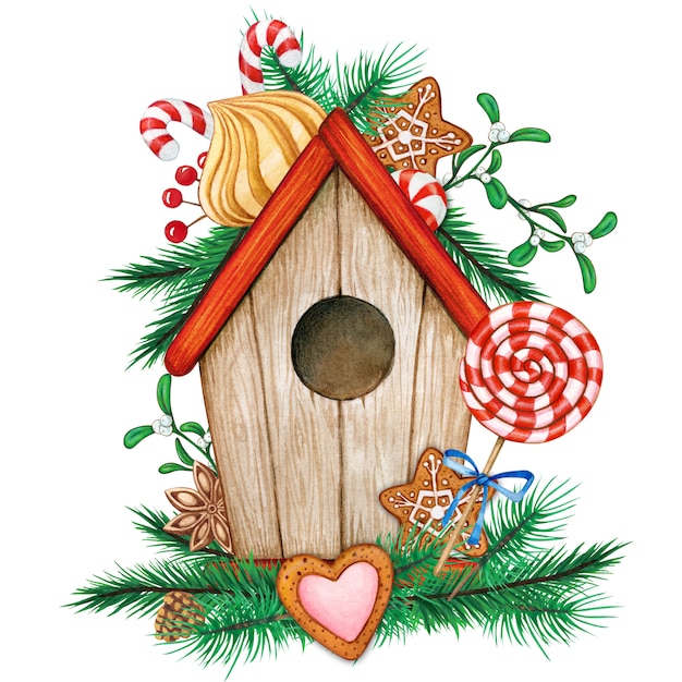 Cute birdhouse with treats and pine branches