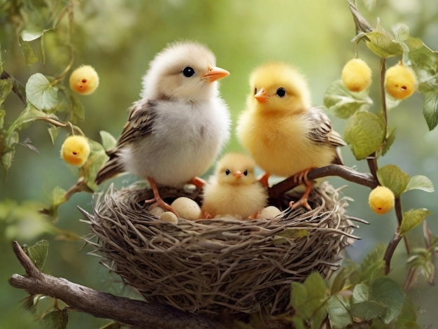 Photo cute birds on branches and chicks in the best nest