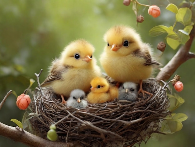 Photo cute birds on branches and chicks in the best nest