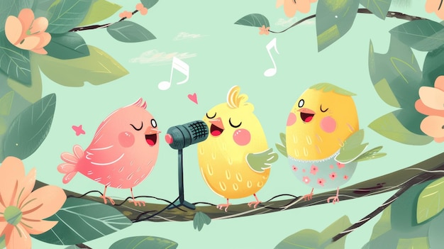 Фото Милые птицы с микрофоном на дереве поют песню концепция весны