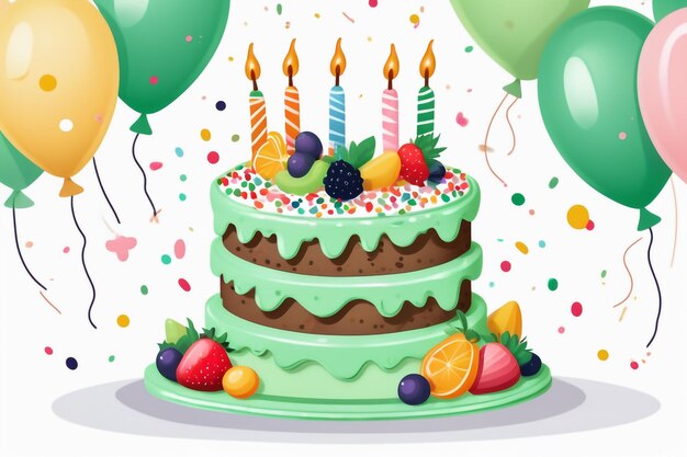 Фото Милый торт на день рождения с фруктами и воздушными шарами