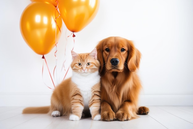 Photo cute birthday red dog in party hat with kitten cat sitting on wooden background with balloons
