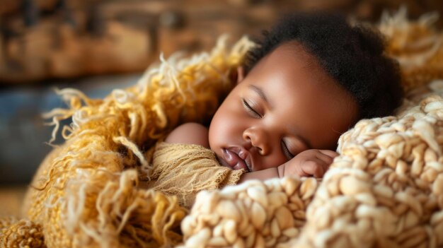 Photo cute black baby sleeping indoors generative ai