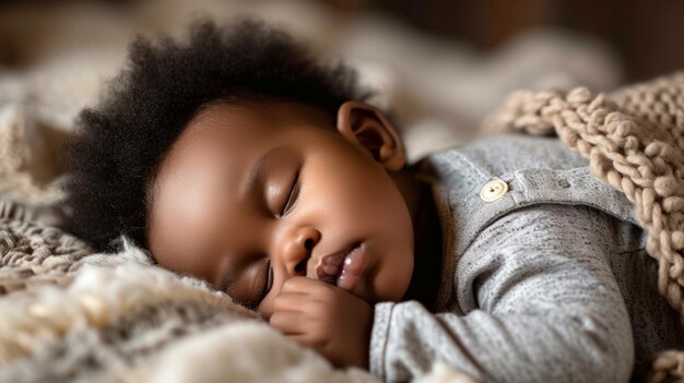 Photo cute black baby sleeping indoors generative ai