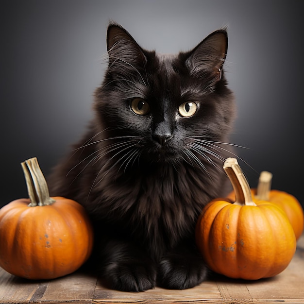 Cute black cartoon cat sitting on the Halloween pumpkin with scary face and little mouse hiding in t