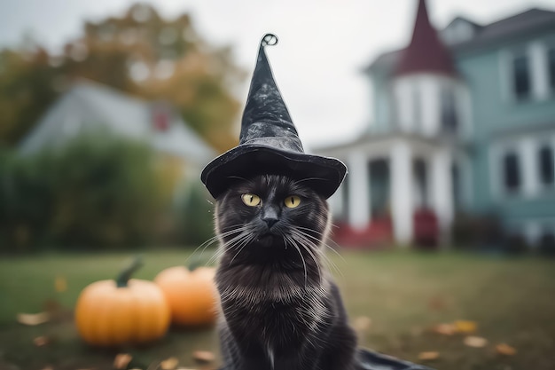 Cute black cat dressed up as a Halloween witch on the background of the house AI