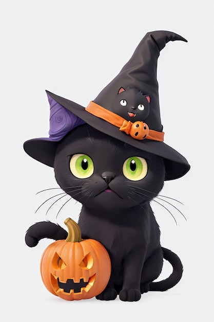 ハロウィーンをテーマにした魔法使いの衣装を着たかわいい黒い猫 3Dアートスタイルのレンダリング 6