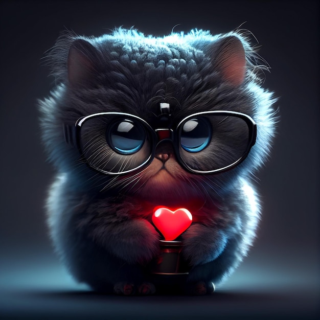 cute black cat holding red heart