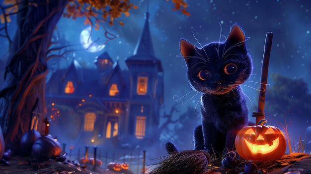 Photo a cute black cat is sitting on a fence in front of a haunted house the cat has a curious expression on its face and it is looking at the viewer