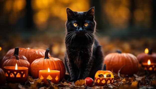 Photo cute black cat sitting among pumpkins and burning candles in autumn forest