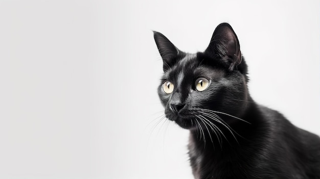 Симпатичная черная кошка стоит перед пустым белым фоном