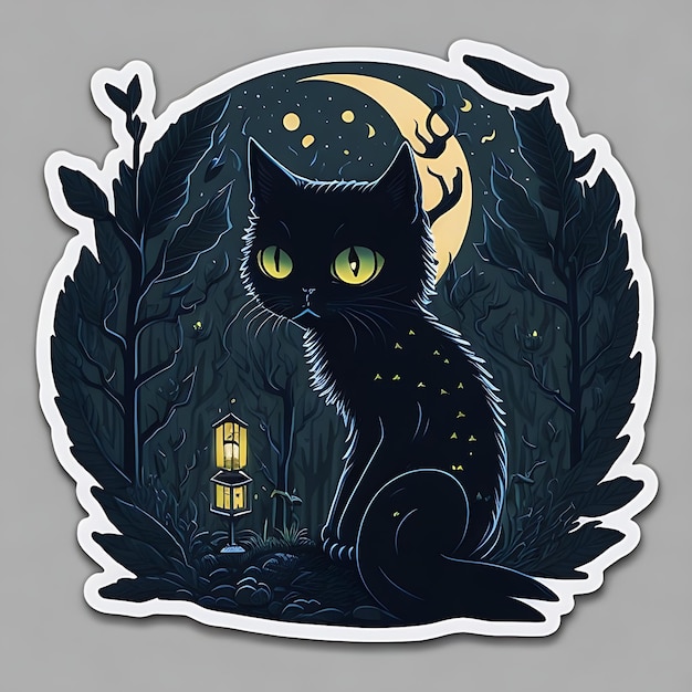 Cute Black Cat Sticker and Mysterious Night Scene