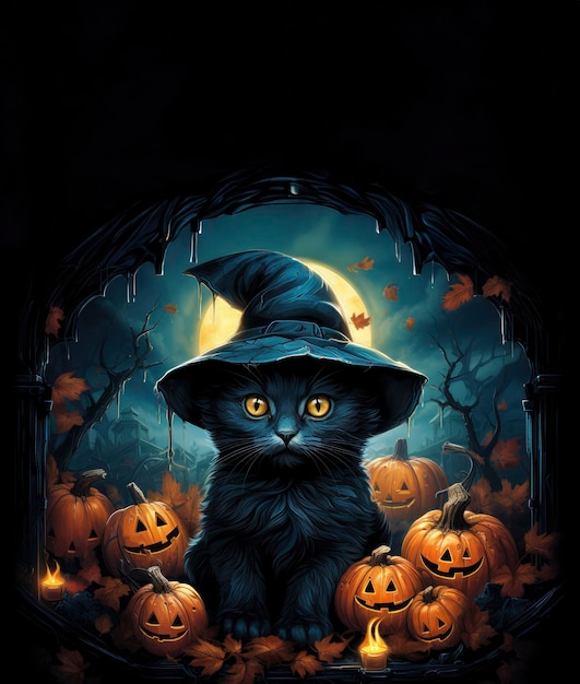 A cute black cat wearing a witch hat on dark background Halloween concept