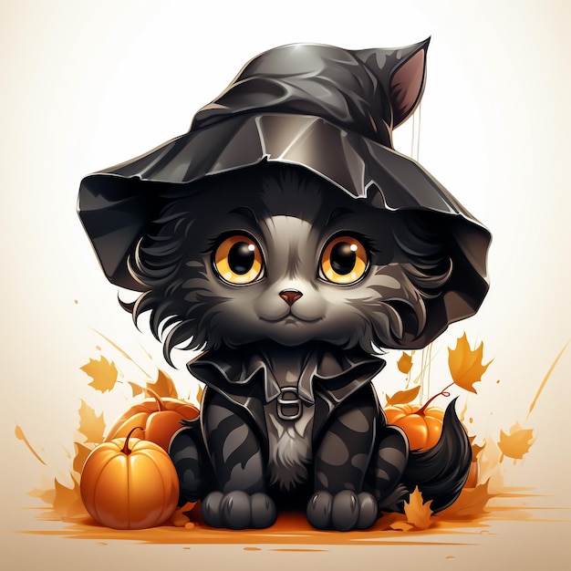 A cute black cat wearing witch's hat on a Halloween pumpkin