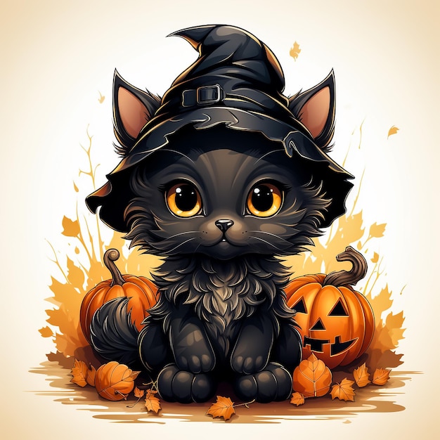 A cute black cat wearing witch's hat on a Halloween pumpkin