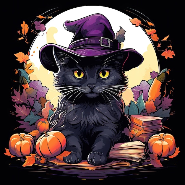 Photo cute black cat in a witch hat sitting near halloween pumpkin halloween illustration dark background