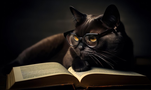 Cute black cat with yellow eyes and wearing glasses lies comfortably on a thick book Beautiful smart pet at black backdrop Generative AI