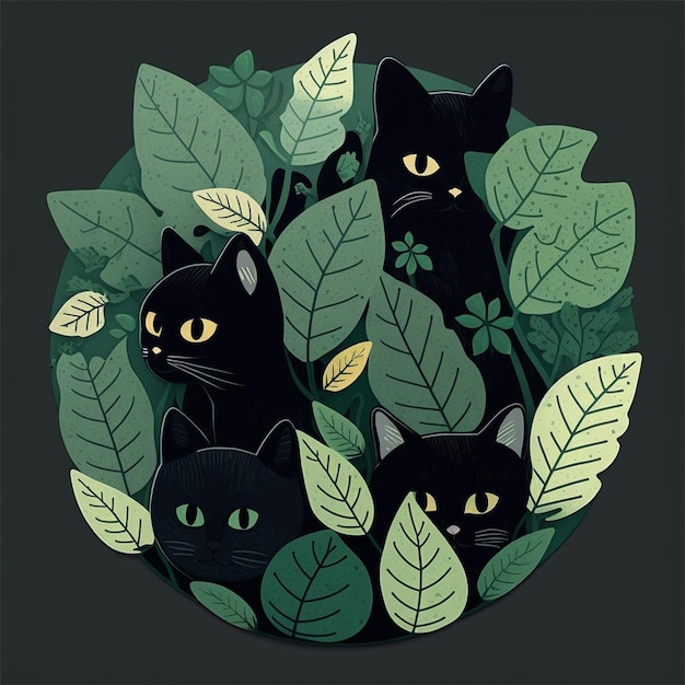 Симпатичные черные кошки, 2d, иллюстрация, вектор, наклейка плоских цветов, мультяшный стиль, темно-зеленые листья bac