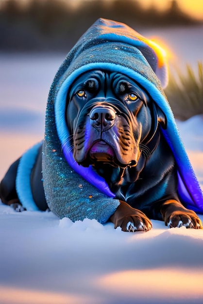 Cute black dog wearing blue sequin hoodie sleeping next to snowy beach created with generative ai