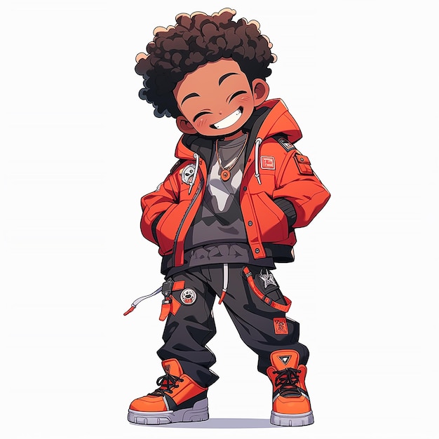 Cute black fashion boy in chibi style hip hop