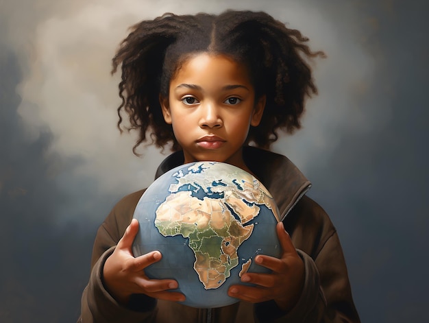 A cute black girl holding the Planet Earth in her hands