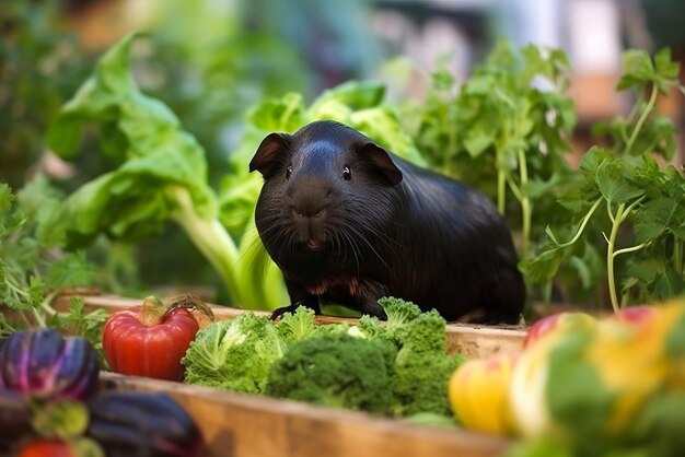 Cute black Guinea pig eats vegetables in the garden Generative ai illustration of funny pet outdoors