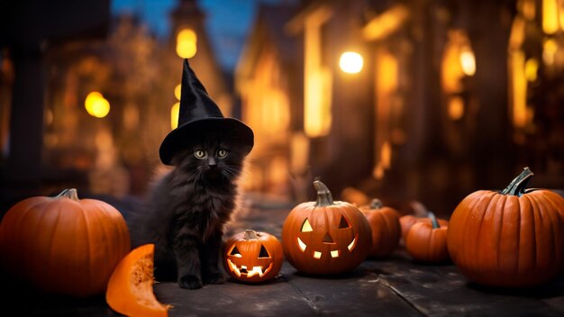 cute black kitten in a witch's hat sits next to pumpkins on the street of the old city at night Halloween