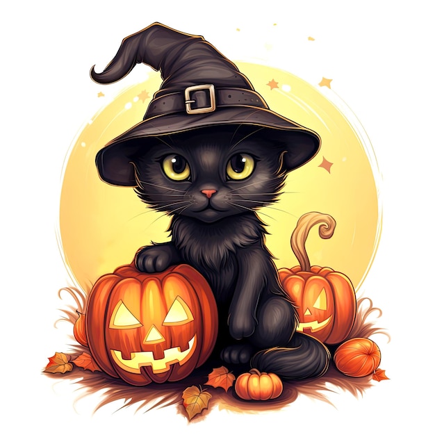 Cute black kitty in a witch hat sits with a pumpkin lantern cartoon illustration for halloween