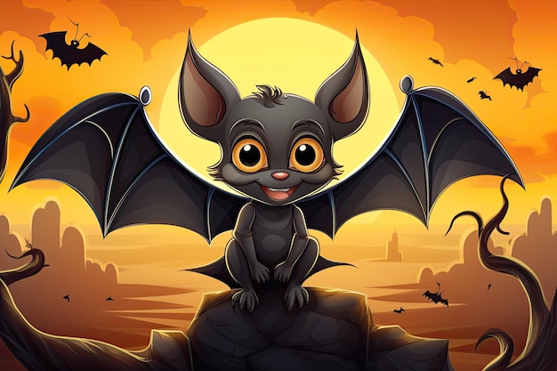 cute black painted bat against orange sky and yellow sun