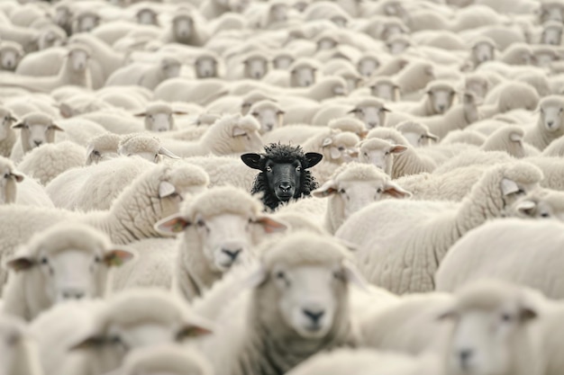 Photo cute black sheep in flock of white sheeps