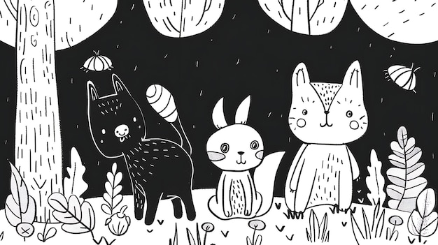 A cute black and white cartoon illustration of a cat a rabbit and a fox in a forest The animals are all friends and are playing together