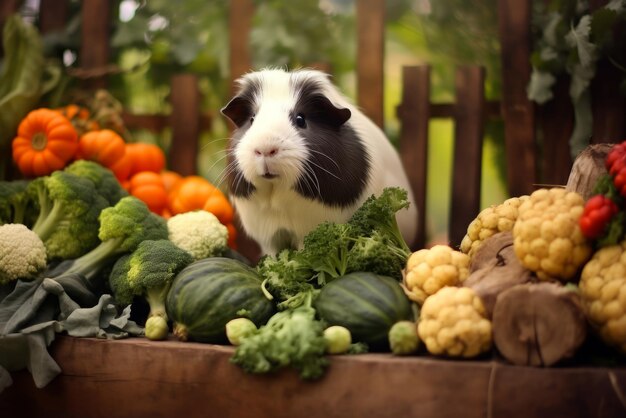 Cute black and white Guinea pig eats vegetables in the garden Generative ai illustration of funny pet outdoors