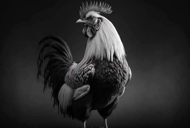 Cute black and white rooster in a portrait standing alone