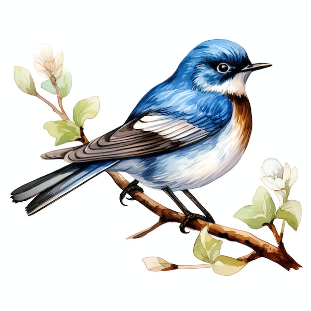 Cute Blackthroated blue warbler bird watercolor illustration clipart