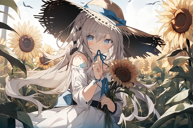 Cute blond anime girl in a big straw hat holding a sunflower in a sunflower field Generated ai