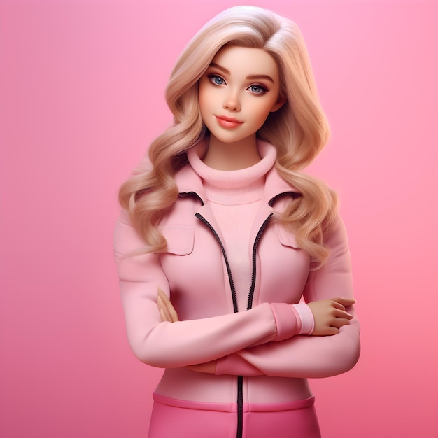 A cute blond girl in Barbie doll style A beautiful blonde woman pink background Generative AI