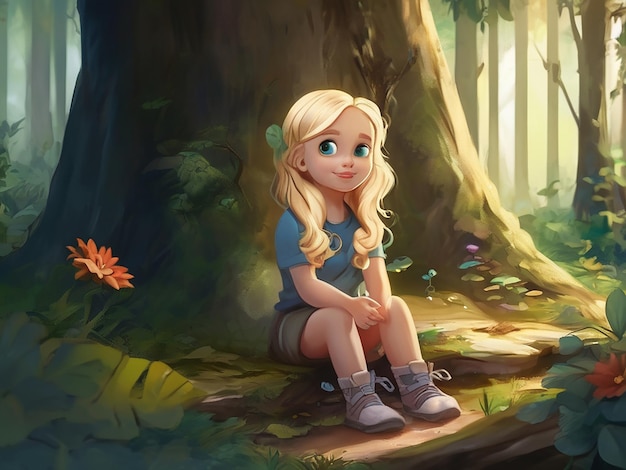 A cute blond girl sitting in a forest enjoying nature