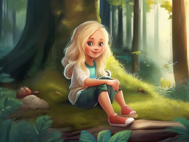 A cute blond girl sitting in a forest enjoying nature